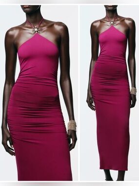 Zara halter  gold sun polyamide long dress